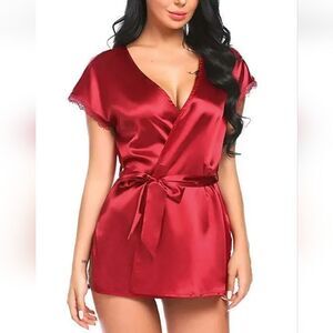 Women Short Silk Robe with Lace Trim Mini Dress Sexy Babydoll Sleepwear Lingerie